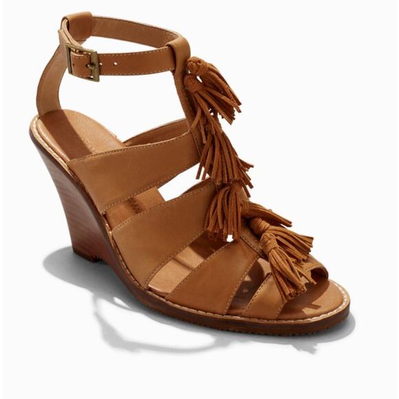 Tommy Bahama Palrinna Wedge Sandals 10 Leather Tan Open Toe Tasseled Ankle Heels - Picture 1 of 12